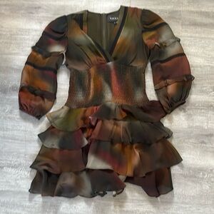 Nicole Miller ruffle tiered multi colored v neck print dress Sz S